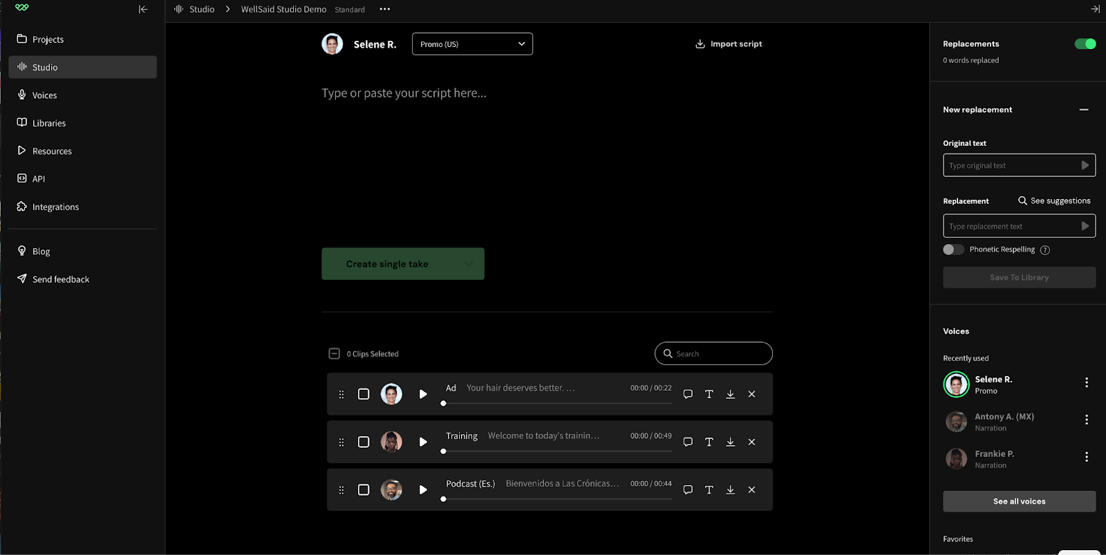WellSaid Studio interface